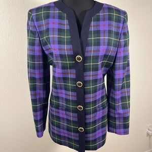 Bankers Club Vintage 100% Wool Plaid Blazer Purple Green Collarless Jacket Sz 6